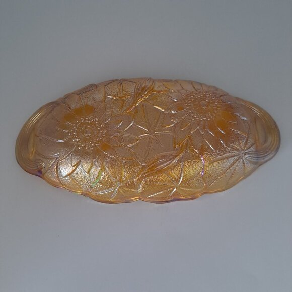 Indiana Marigold Carnival Glass Sunflower Celery Candy Dish Two Handles Vintage - Picture 10 of 11